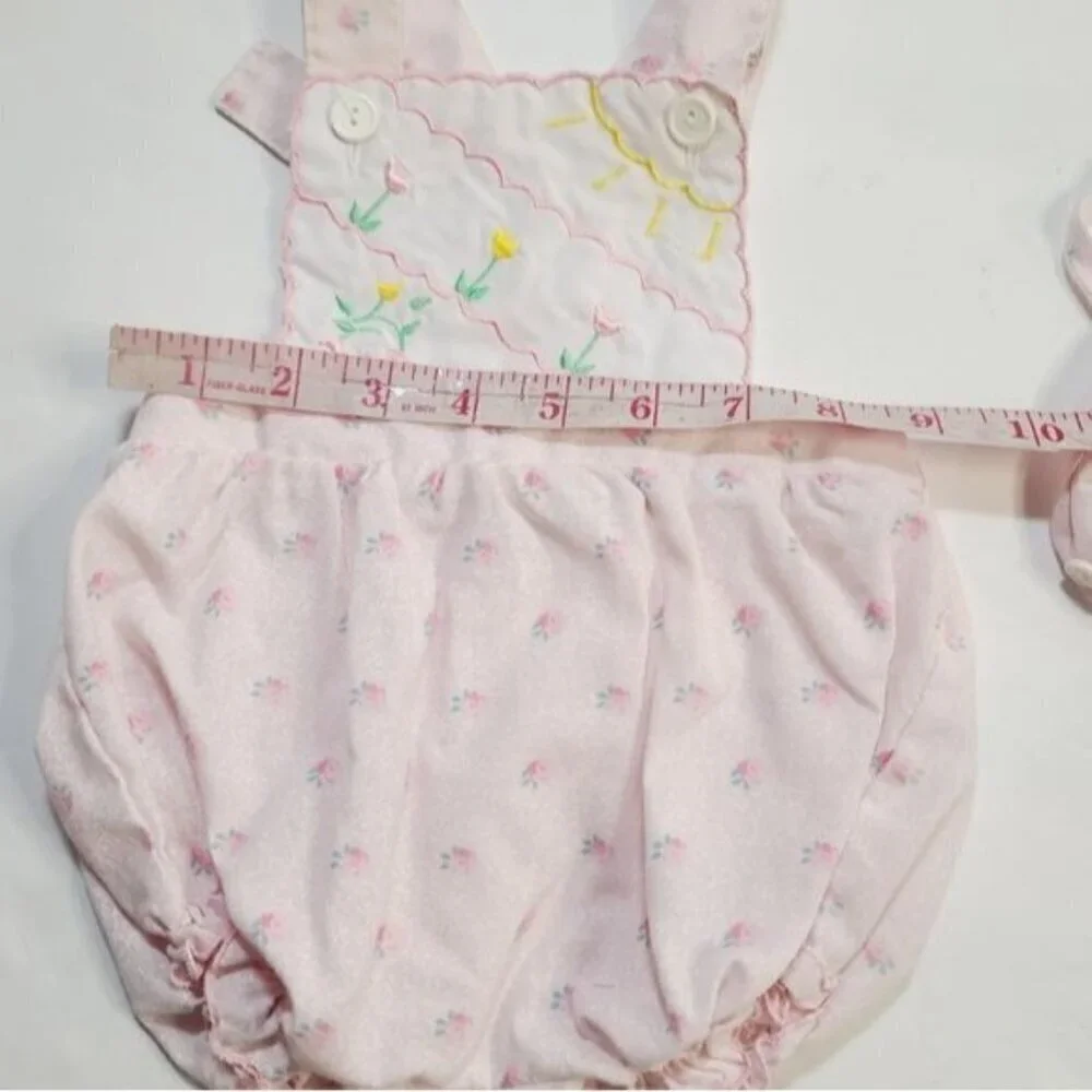 Vintage 90s Mayfair Pastel Pink Tulip Embroidery Baby Romper and Bonnet